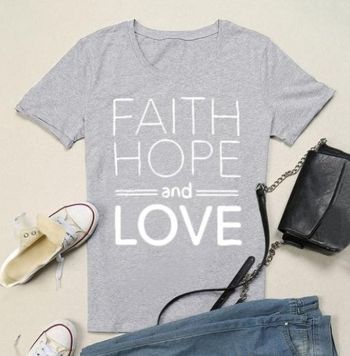 Unisex T-Shirt – Faith Hope & Love Print Kurzarm Baumwoll Shirt | StaywearApparel