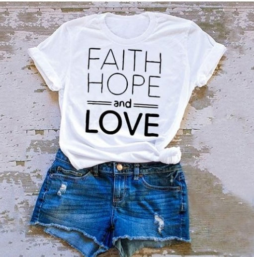 Unisex T-Shirt – Faith Hope & Love Print Kurzarm Baumwoll Shirt | StaywearApparel