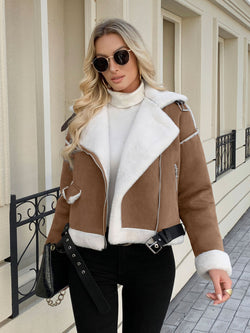 Image of Damen Plush Jacke mit Polokragen – Slim Fit Casual Mantel mit Taschen | StaywearApparel