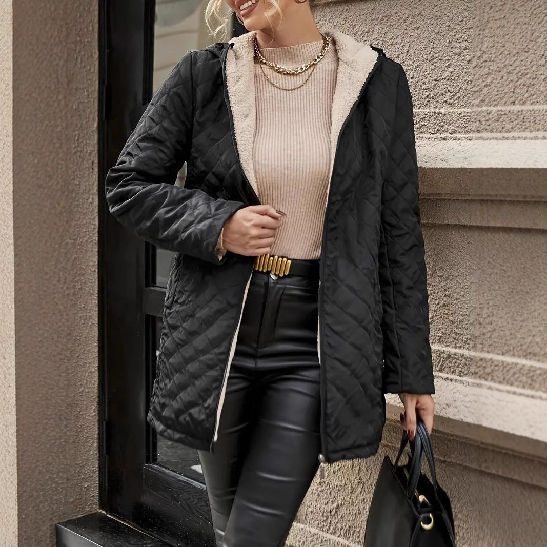 Mid-Length Plaid Hooded Jacket – Damen Karo-Jacke mit Kapuze